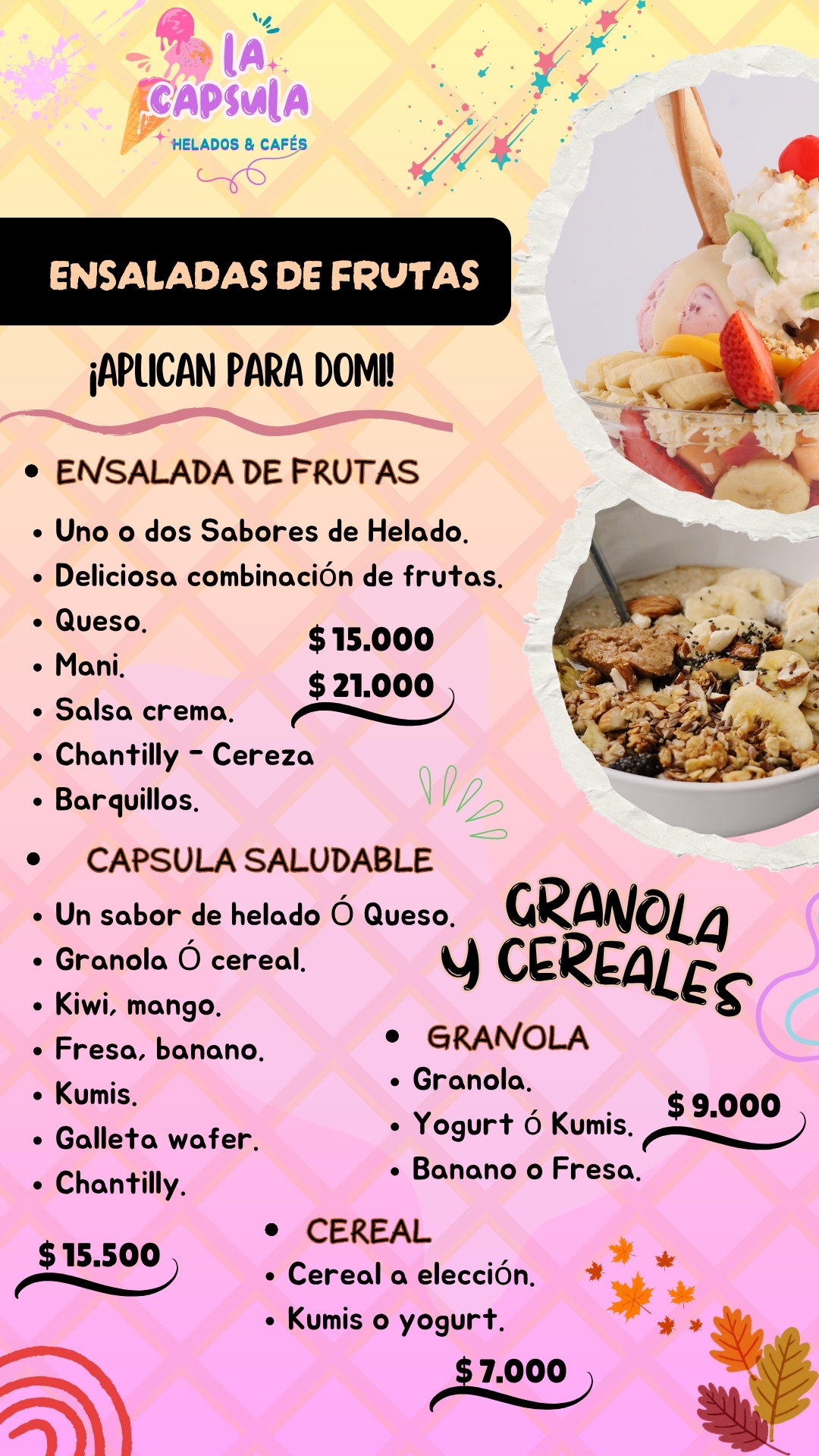ENSALADAS DE FRUTAS EN LA HELADERIA LA CAPSULA VISITANOS O PIDE TU DOMICILIO